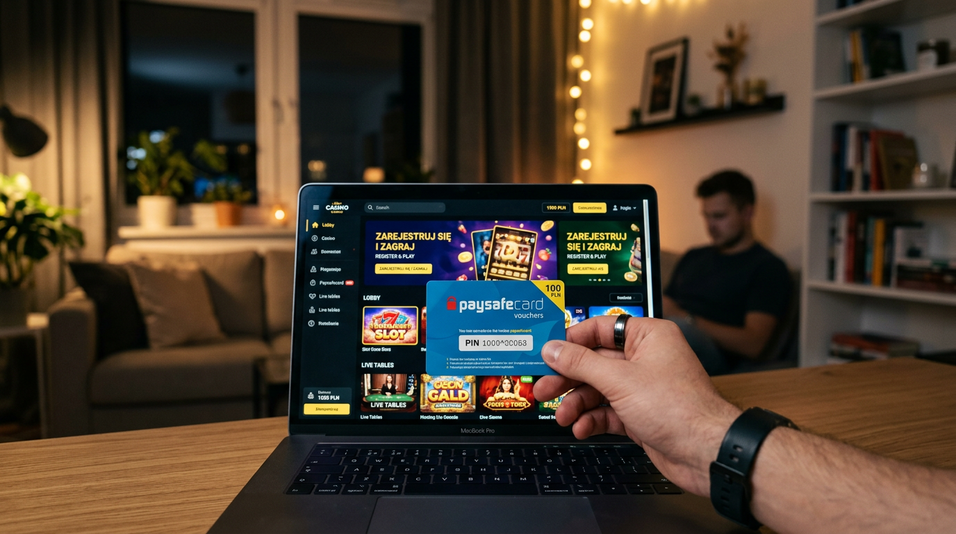 Paysafecard voucher in front of a laptop with an online casino website.