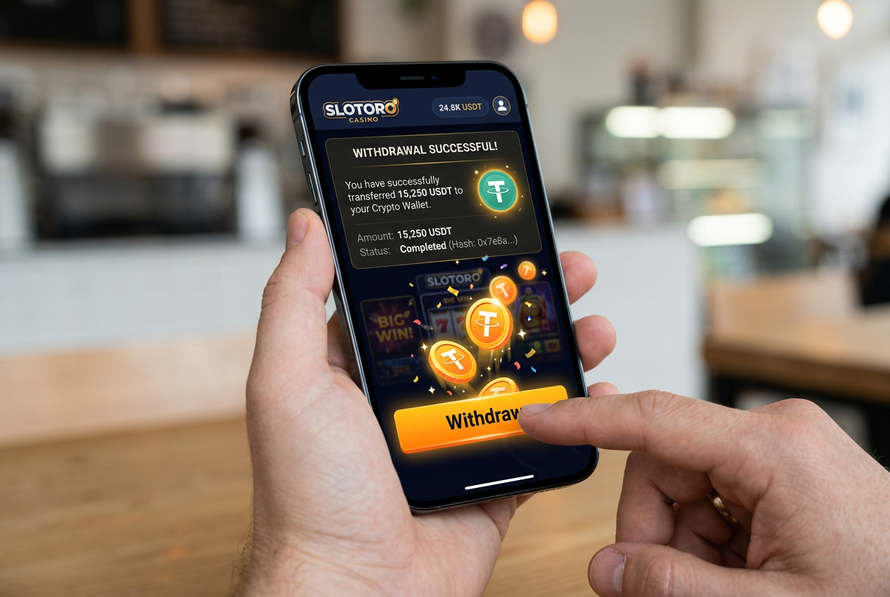 Interfejs mobilny kasyna Slotoro z potwierdzeniem natychmiastowej wypłaty USDT